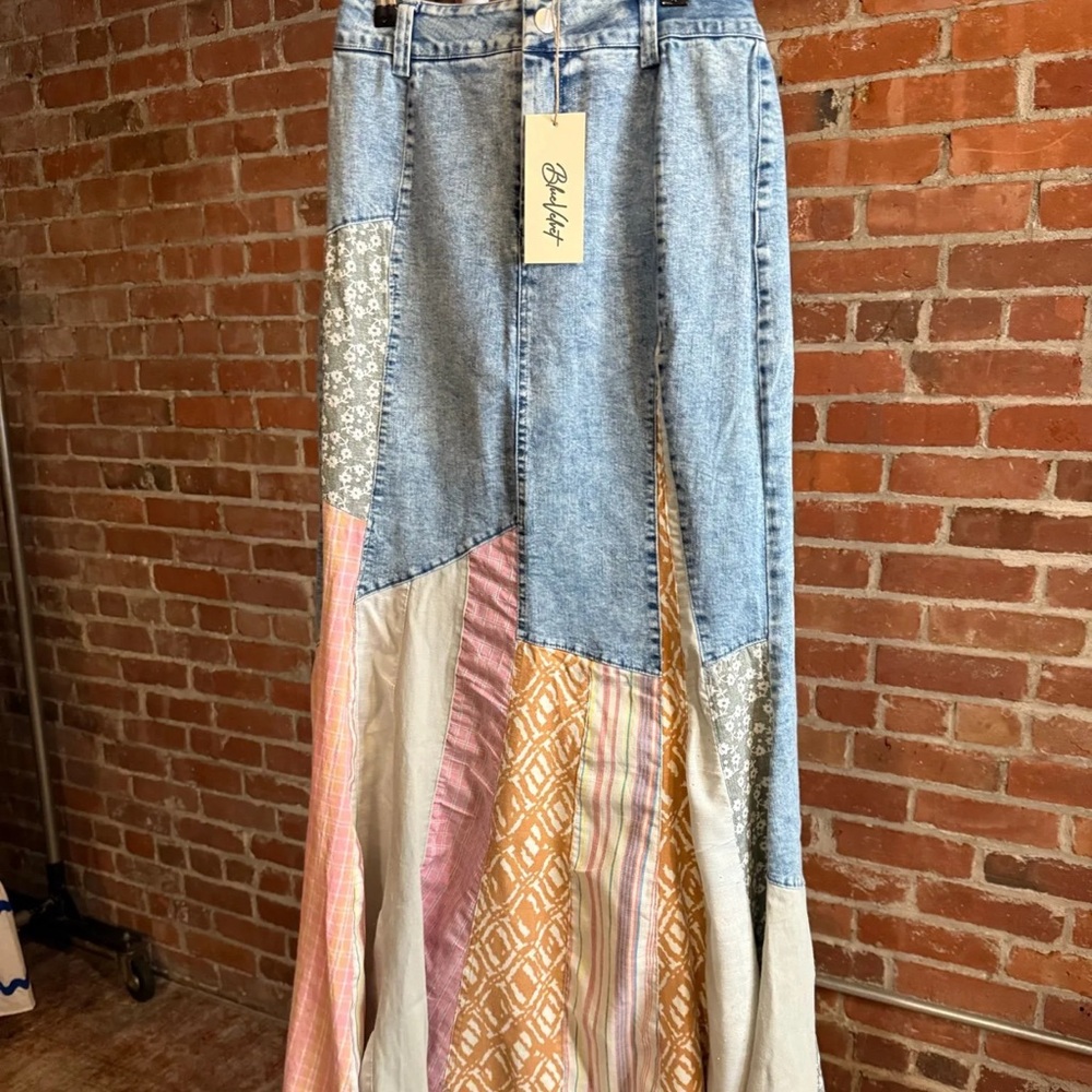 Boho Patchwork A-Line Skirt - Blue and Pink BLUE VELVET NWT